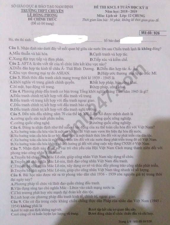 De thi giua ki 2 lop 12 mon Su 2019 - Chuyen Le Hong Phong