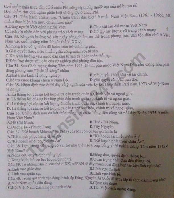 De thi giua ki 2 lop 12 mon Su 2019 - Chuyen Le Hong Phong