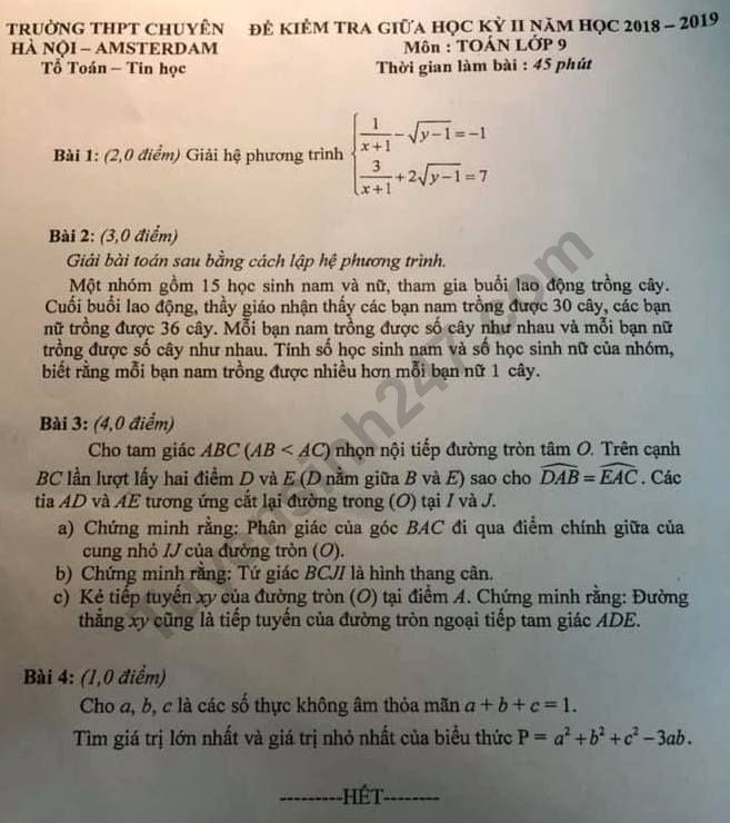 De thi giua ki 2 lop 9 mon Toan 2019 - Chuyen Amsterdam Ha Noi