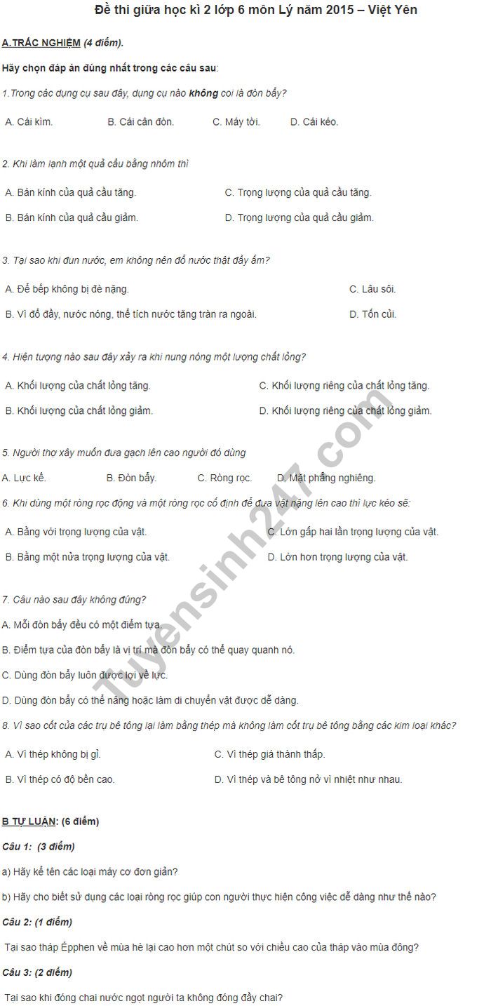 De thi giua hoc ki 2 mon Li lop 6 - THCS Viet Yen