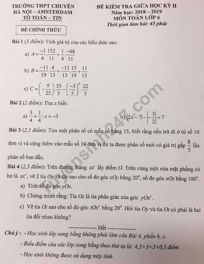 De thi giua hoc ki 2 lop 6 mon Toan 2019 - Chuyen Amsterdam HN