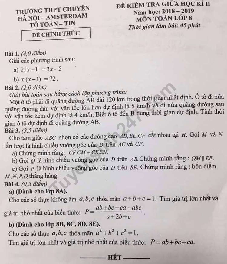 De thi giua ki 2 lop 8 mon Toan 2019 - THPT Chuyen Amsterdam HN