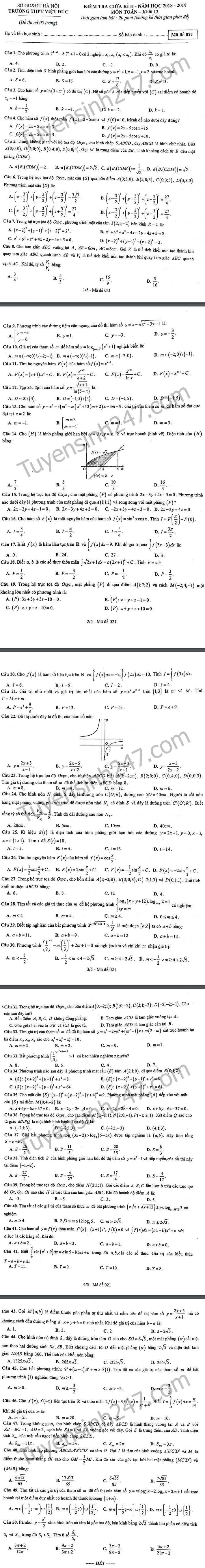 De thi giua ki 2 lop 12 mon Toan 2019 - THPT Viet Duc