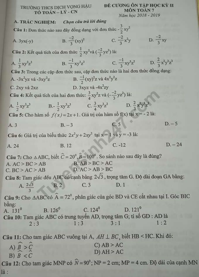 De cuong on tap cuoi ki 2 lop 7 mon Toan 2019 - THCS Dich Vong Hau
