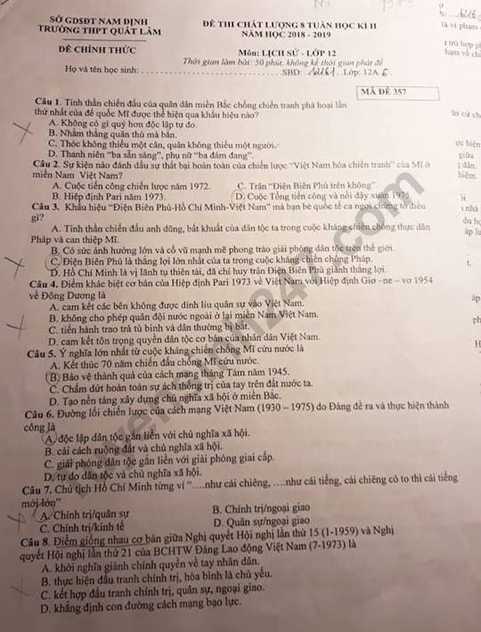 De thi giua ki 2 lop 12 mon Su 2019 - THPT Quat Lam