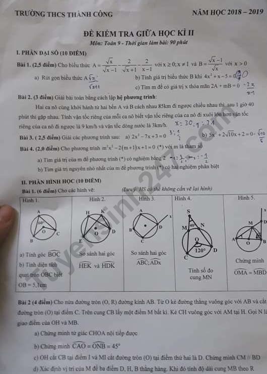 De thi giua ki 2 lop 9 mon Toan THCS Thanh Cong 2019