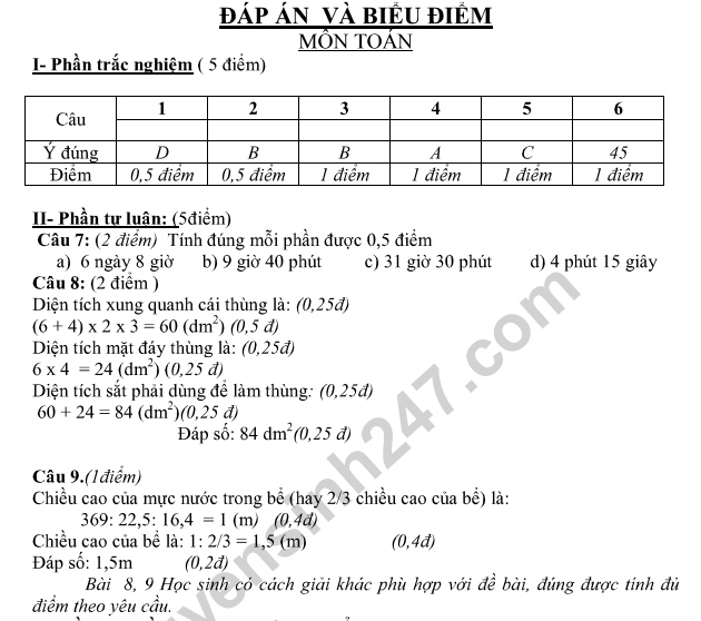 De thi giua ki 2 lop 5 mon Toan 2019 - TH Dai Dong