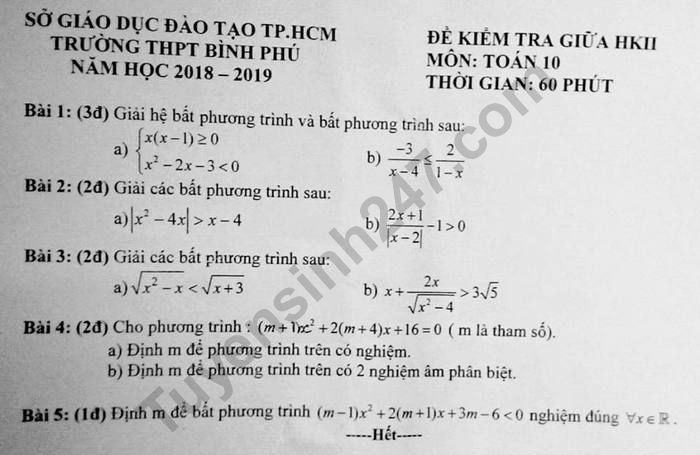 De thi giua ki 2 lop 10 mon Toan THPT Binh Phu 2019