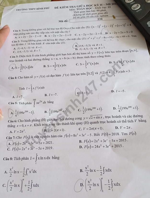 De thi giua ki 2 mon Toan lop 12 THPT Binh Phu 2019