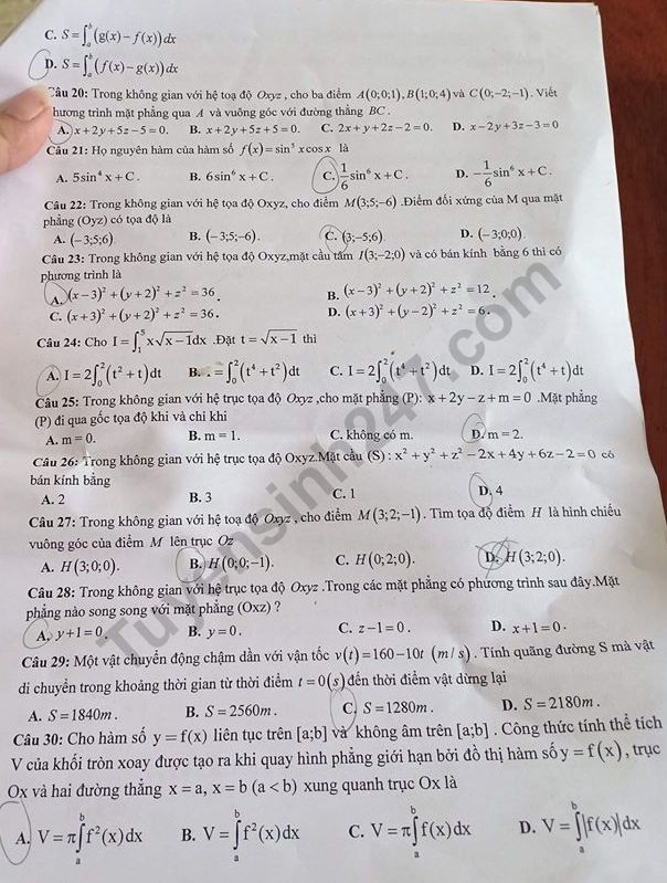 De thi giua ki 2 mon Toan lop 12 THPT Binh Phu 2019