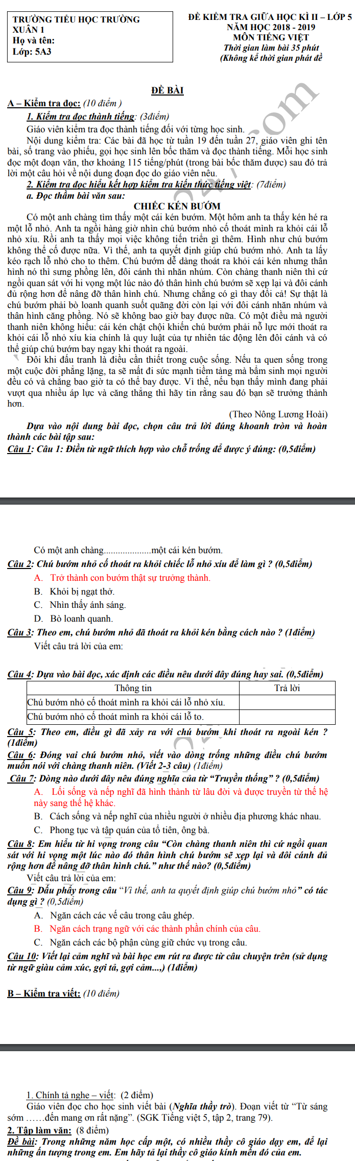 De thi giua ki 2 mon Tieng Viet lop 5 TH Truong Xuan 2019