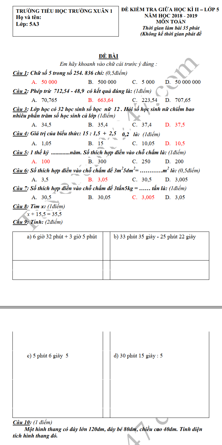 De thi giua ki 2 lop 5 mon Toan 2019 - TH Truong Xuan 1
