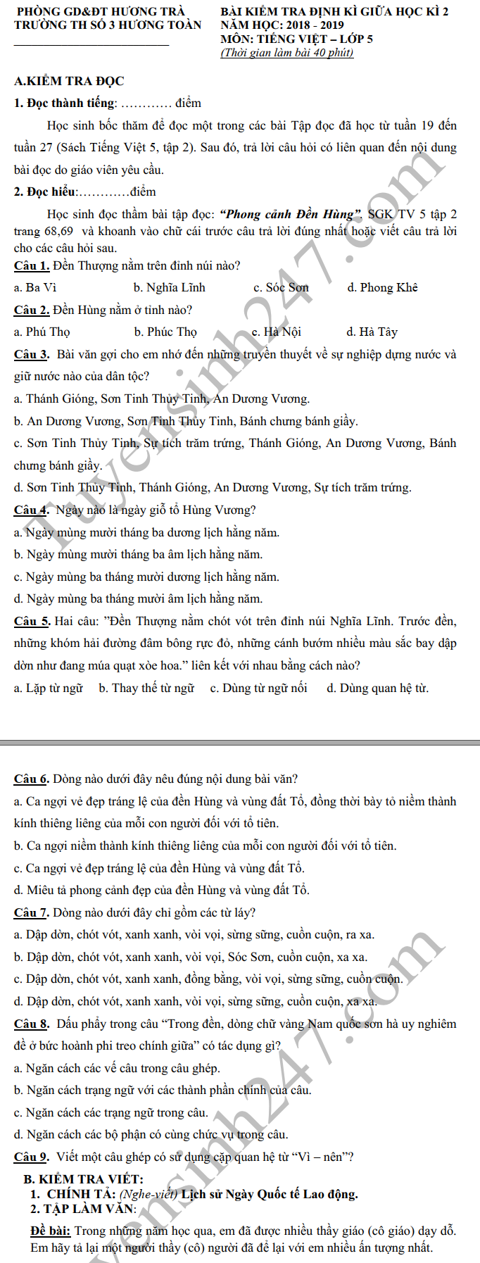De thi giua ki 2 lop 5 mon Tieng Viet 2019 - TH So 3 Huong Toan