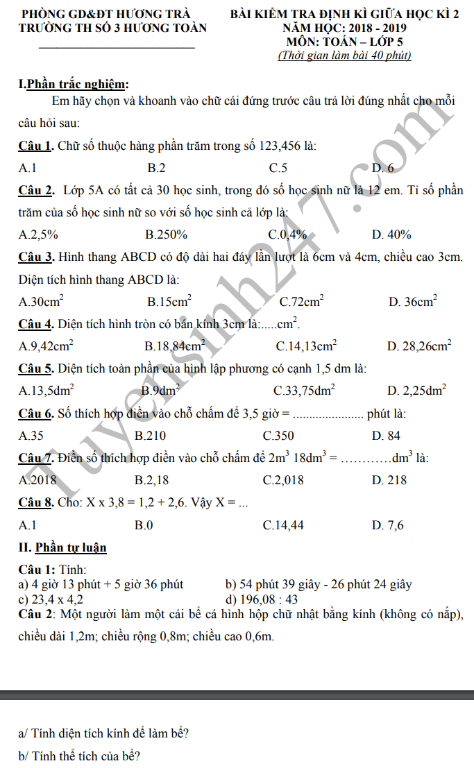 De thi giua ki 2 lop 5 mon Toan - TH So 3 Huong Toan 2019