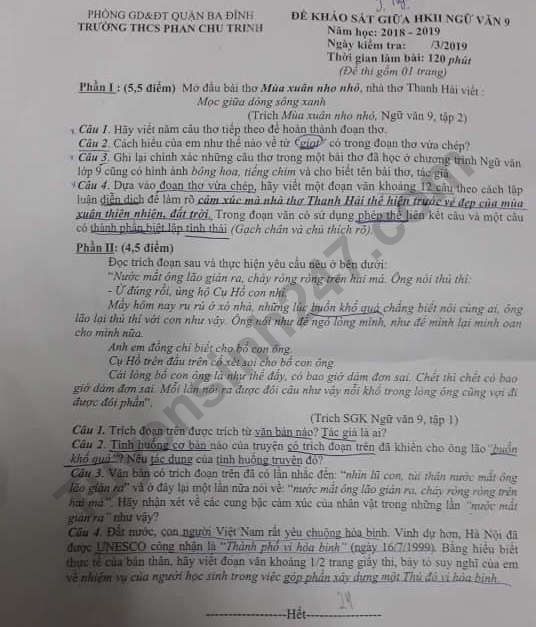 De thi giua ki 2 lop 9 mon Van 2019 - THCS Phan Chu Trinh