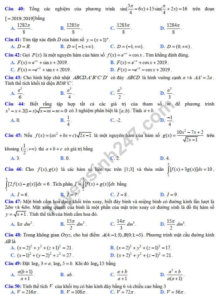 De thi giua ki 2 lop 12 mon Toan - Cum so GD Nam Dinh 2019
