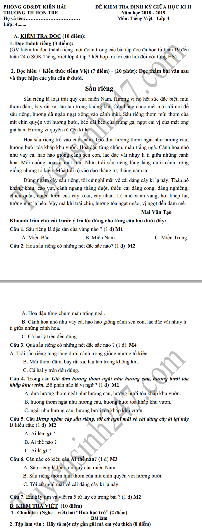 De thi giua ki 2 lop 4 mon Tieng Viet - TH Hon Tre 2019