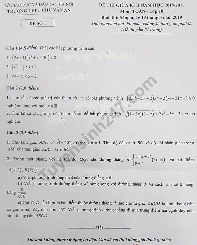 De thi giua ki 2 lop 10 mon Toan - THPT Chu Van An 2019