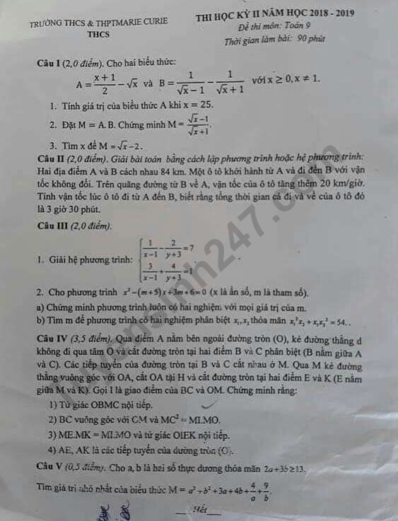De thi hoc ki 2 lop 9 mon Toan 2019 - THCS Marie Curie