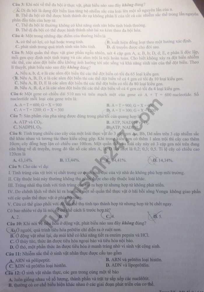 De thi thu THPTQG 2019 mon Sinh - Cum 8 truong Chuyen lan 2