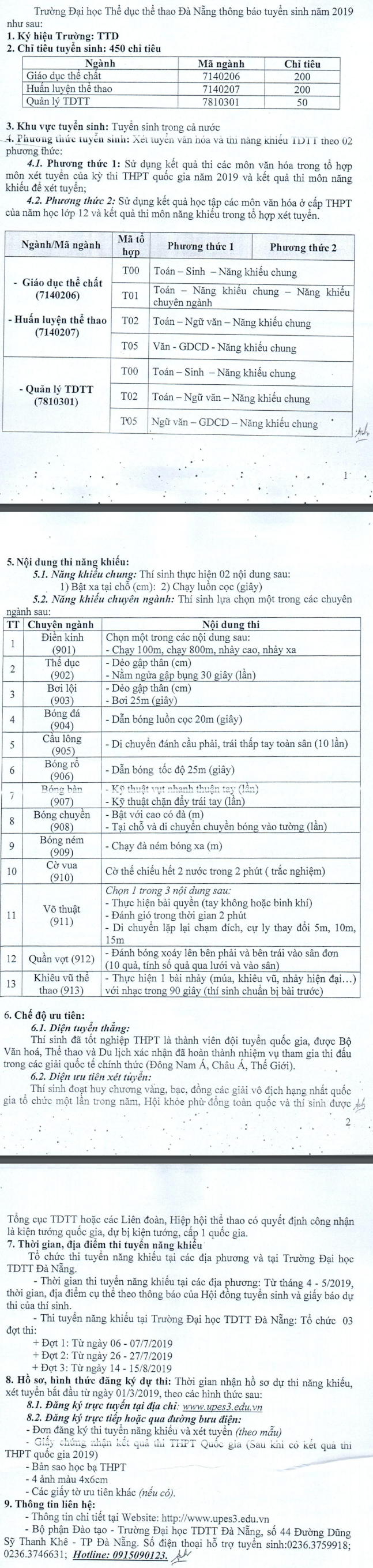 Chi tieu tuyen sinh Dai hoc The Duc The Thao Da Nang nam 2019