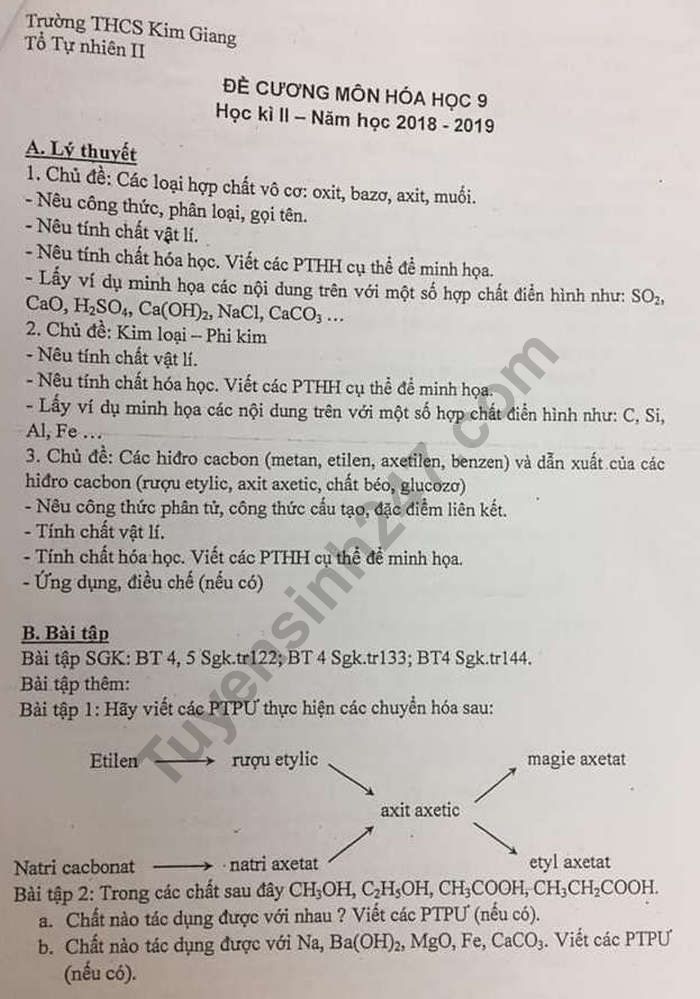 De cuong on tap hoc ki 2 mon Hoa lop 9 - THCS Kim Giang 2019