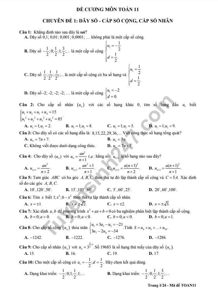 De cuong on tap ki 2 lop 11 mon Toan - THPT Chu Van An