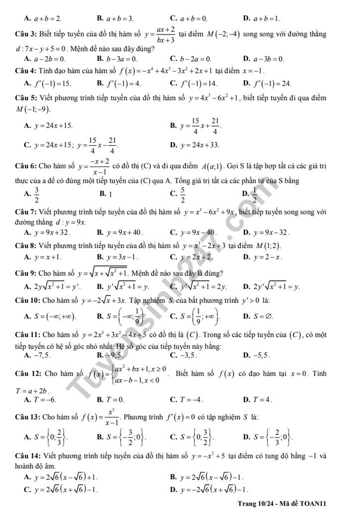 De cuong on tap ki 2 lop 11 mon Toan - THPT Chu Van An