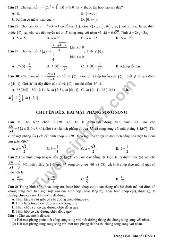 De cuong on tap ki 2 lop 11 mon Toan - THPT Chu Van An