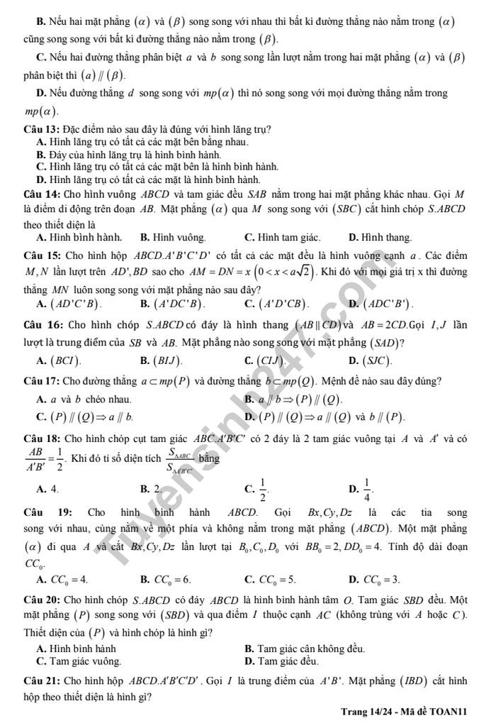 De cuong on tap ki 2 lop 11 mon Toan - THPT Chu Van An