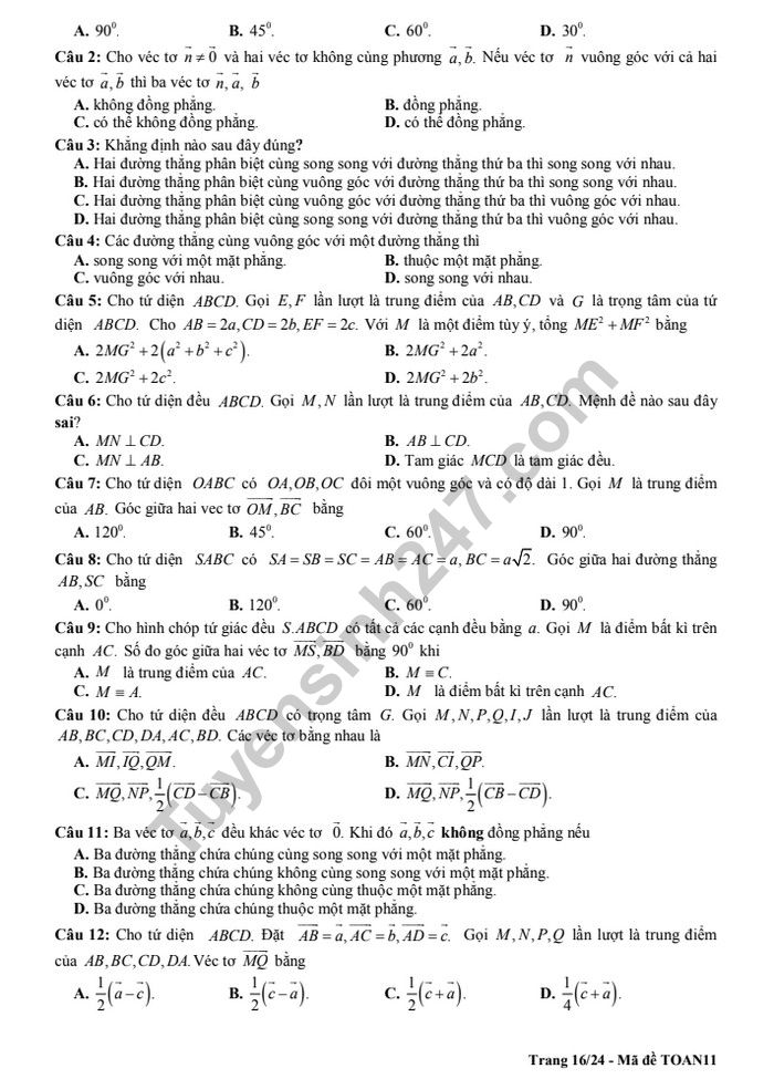 De cuong on tap ki 2 lop 11 mon Toan - THPT Chu Van An