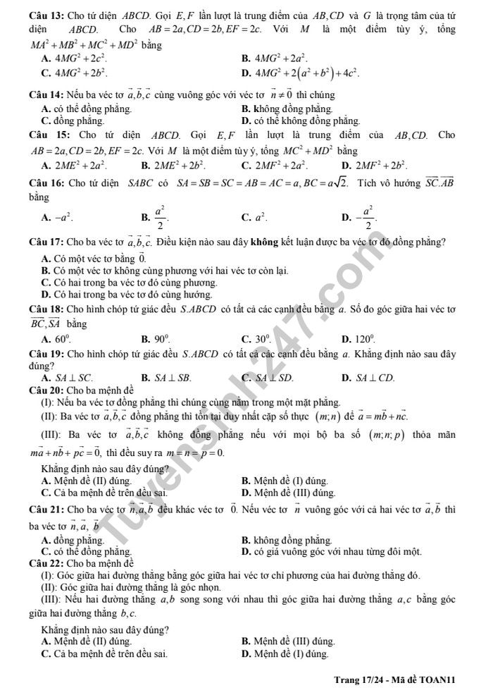 De cuong on tap ki 2 lop 11 mon Toan - THPT Chu Van An