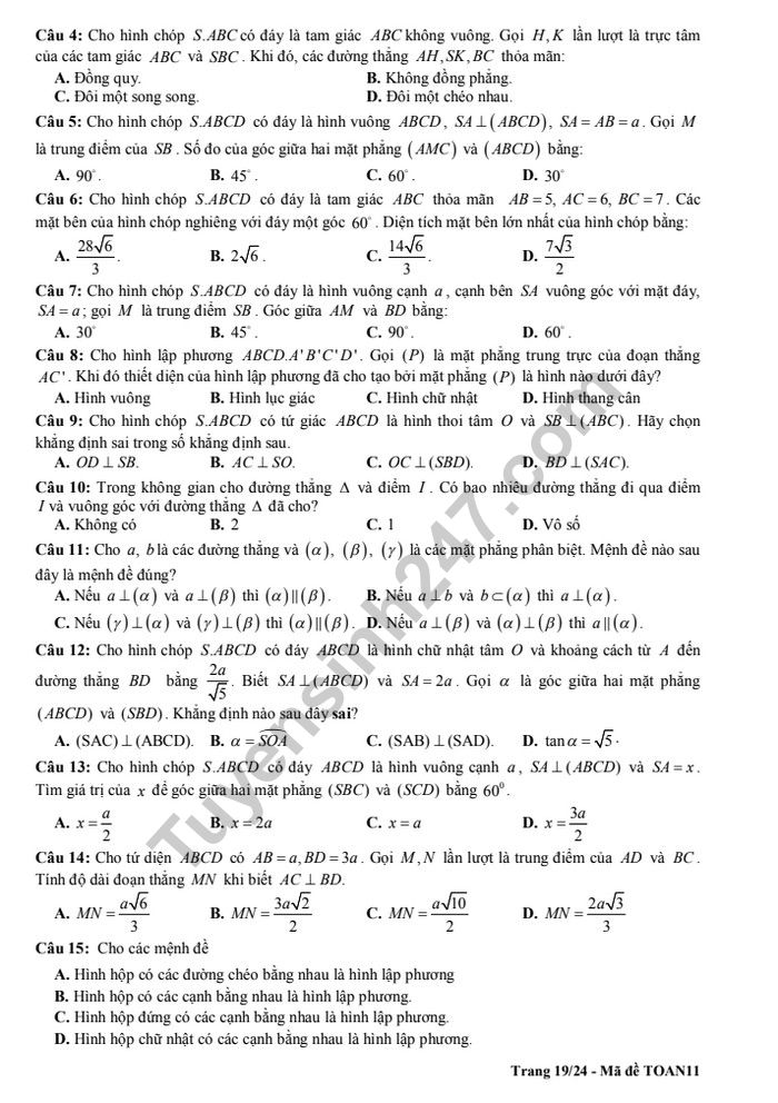 De cuong on tap ki 2 lop 11 mon Toan - THPT Chu Van An
