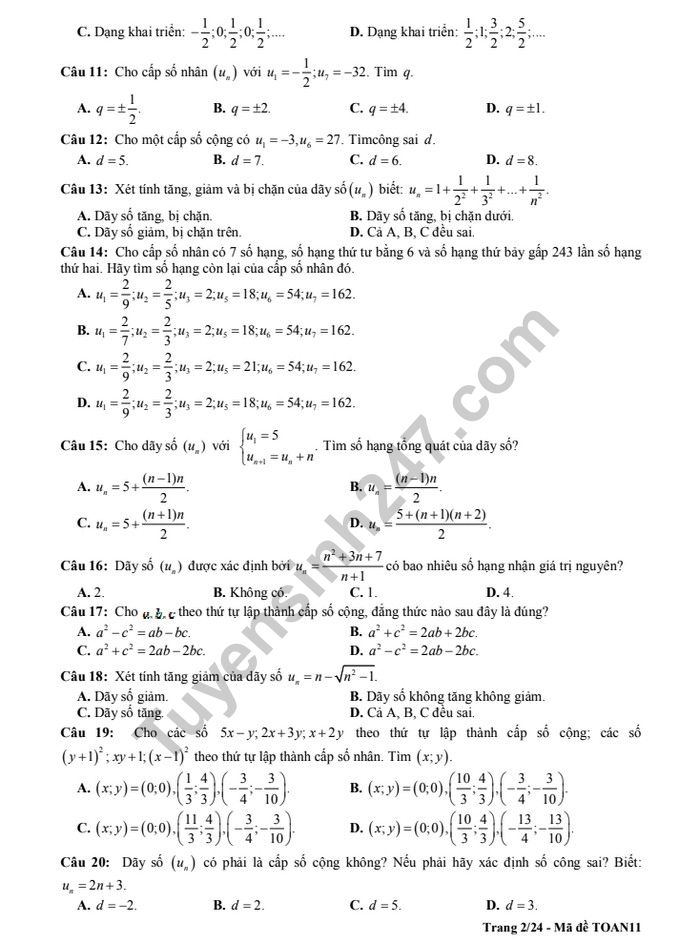 De cuong on tap ki 2 lop 11 mon Toan - THPT Chu Van An