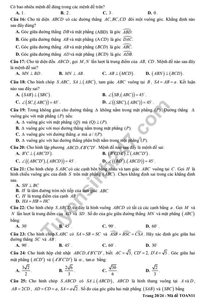 De cuong on tap ki 2 lop 11 mon Toan - THPT Chu Van An