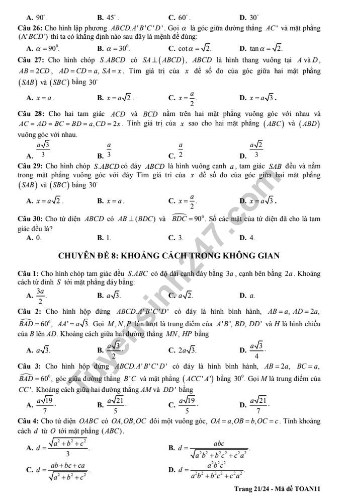 De cuong on tap ki 2 lop 11 mon Toan - THPT Chu Van An