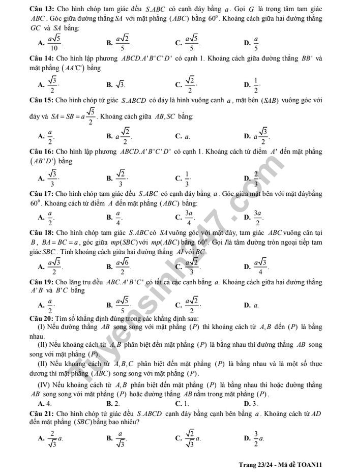 De cuong on tap ki 2 lop 11 mon Toan - THPT Chu Van An