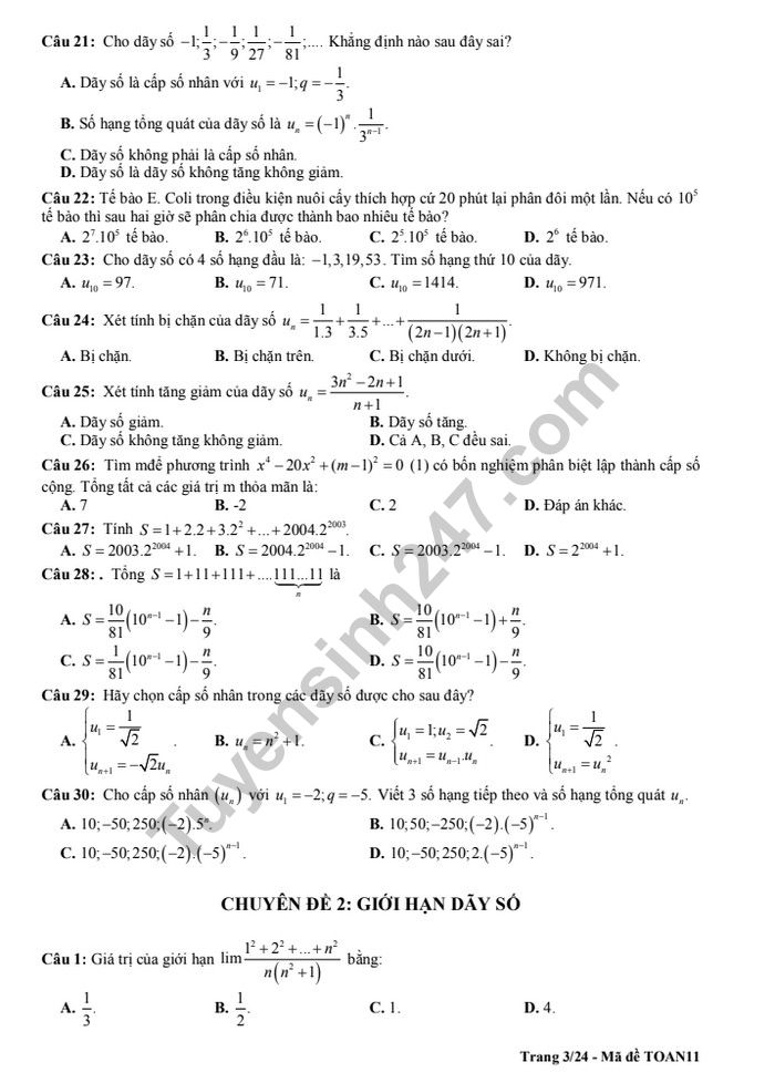 De cuong on tap ki 2 lop 11 mon Toan - THPT Chu Van An
