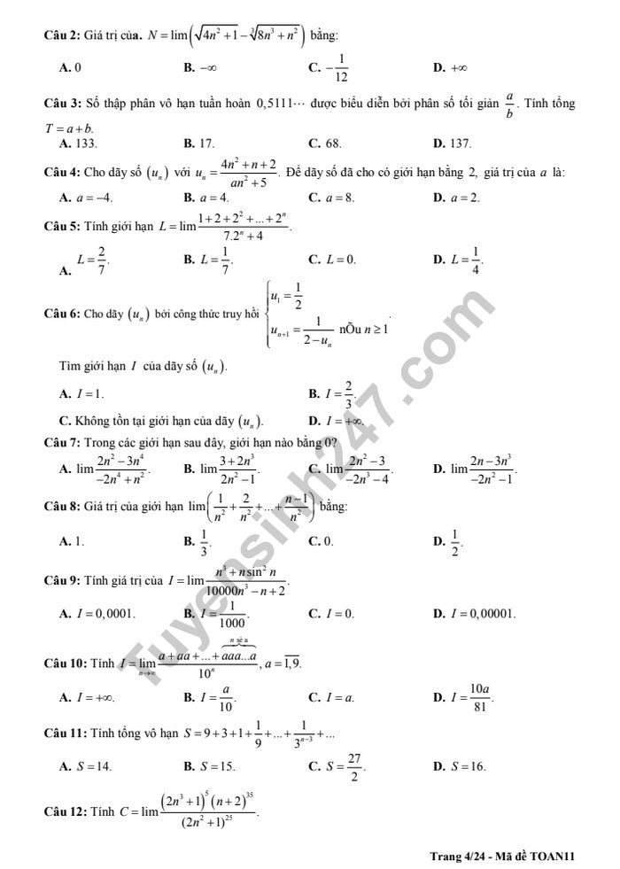 De cuong on tap ki 2 lop 11 mon Toan - THPT Chu Van An