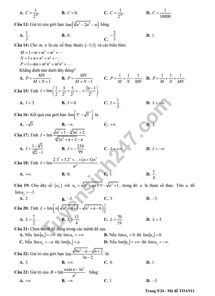 De cuong on tap ki 2 lop 11 mon Toan - THPT Chu Van An