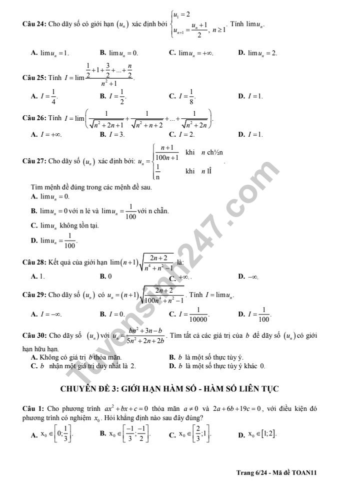 De cuong on tap ki 2 lop 11 mon Toan - THPT Chu Van An