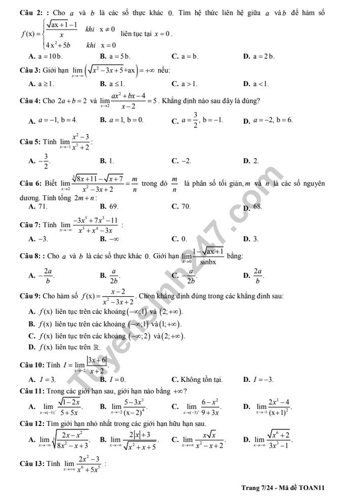 De cuong on tap ki 2 lop 11 mon Toan - THPT Chu Van An