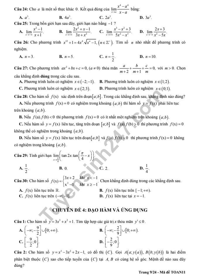 De cuong on tap ki 2 lop 11 mon Toan - THPT Chu Van An