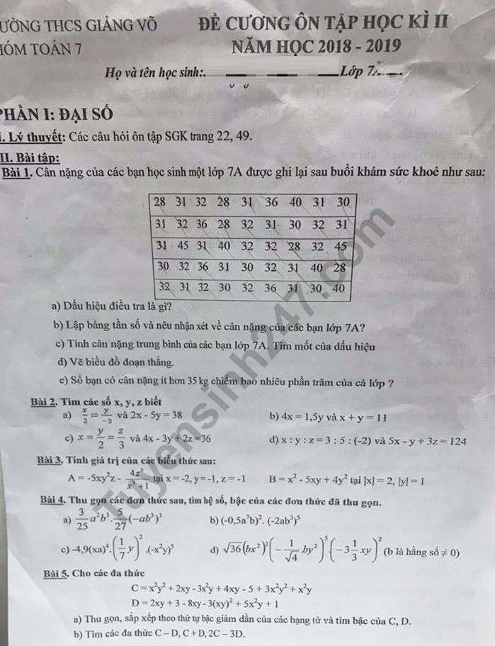 De cuong on tap ki 2 mon Toan lop 7 - THCS Giang Vo nam 2019