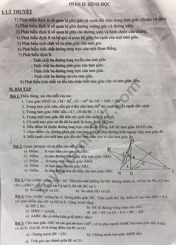 De cuong on tap ki 2 mon Toan lop 7 - THCS Giang Vo nam 2019