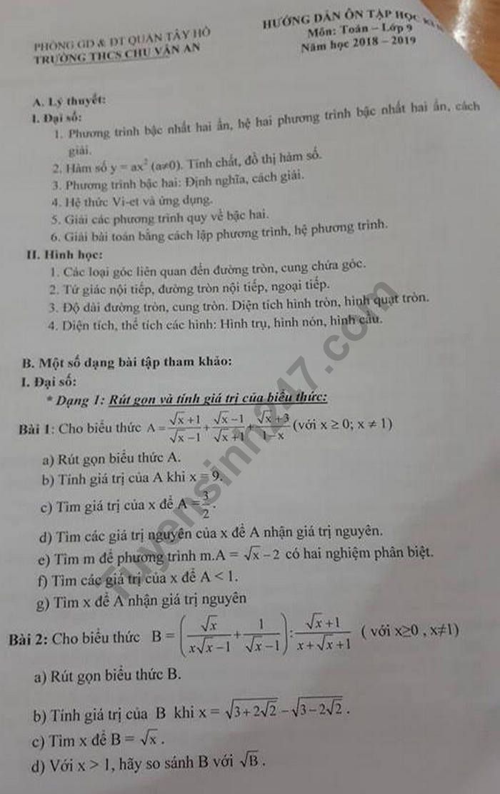 De cuong on tap hoc ki 2 lop 9 mon Toan - THCS Chu Van An 2019