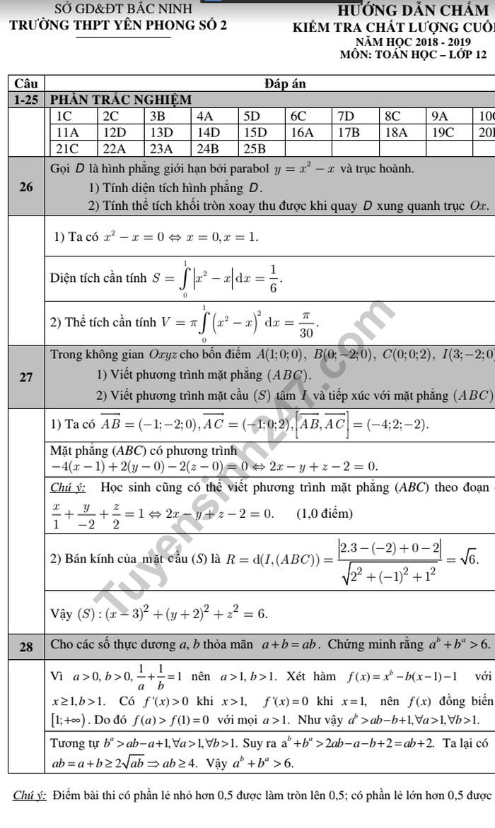 De kiem tra hoc ki 2 mon Toan lop 12 - THPT Yen Phong 2 nam 2019