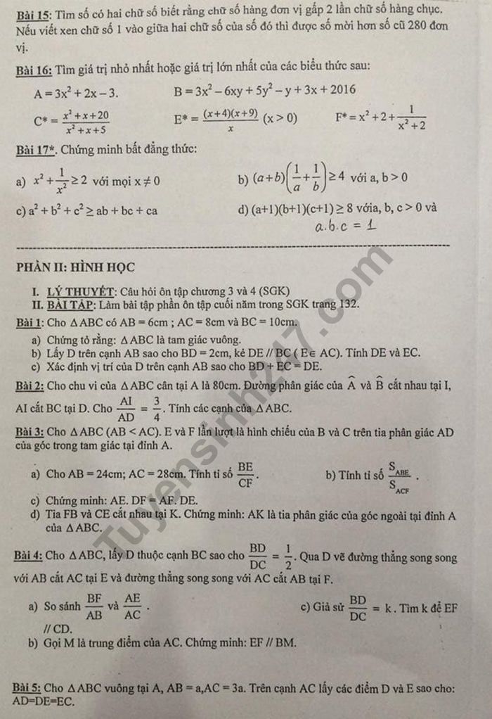 De cuong on tap ki 2 mon Toan lop 8 - THCS Giang Vo 2019