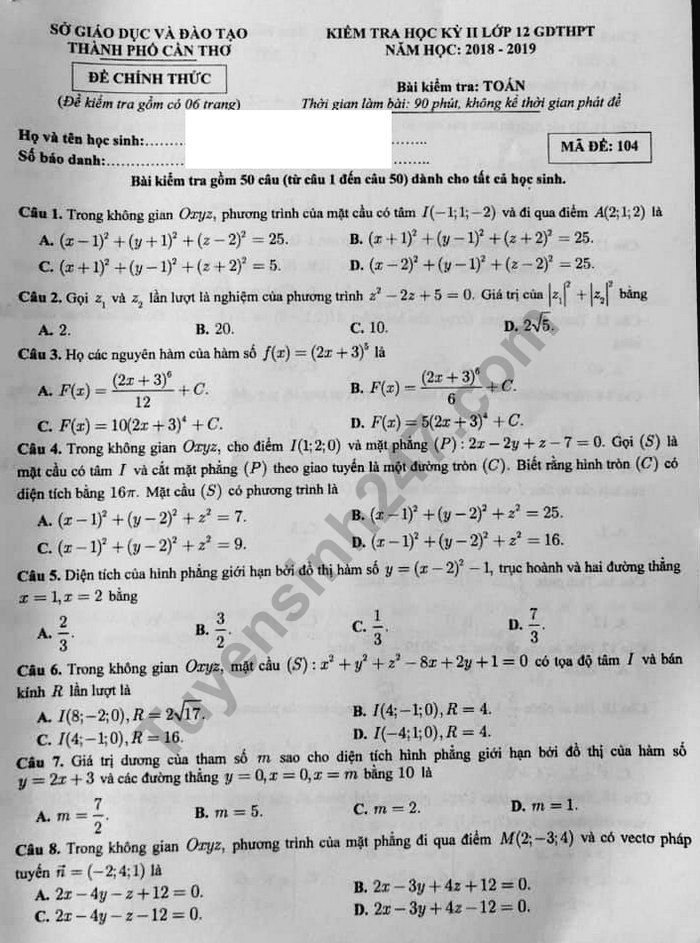 De thi hoc ki 2 mon Toan lop 12 - So GD Can Tho 2019