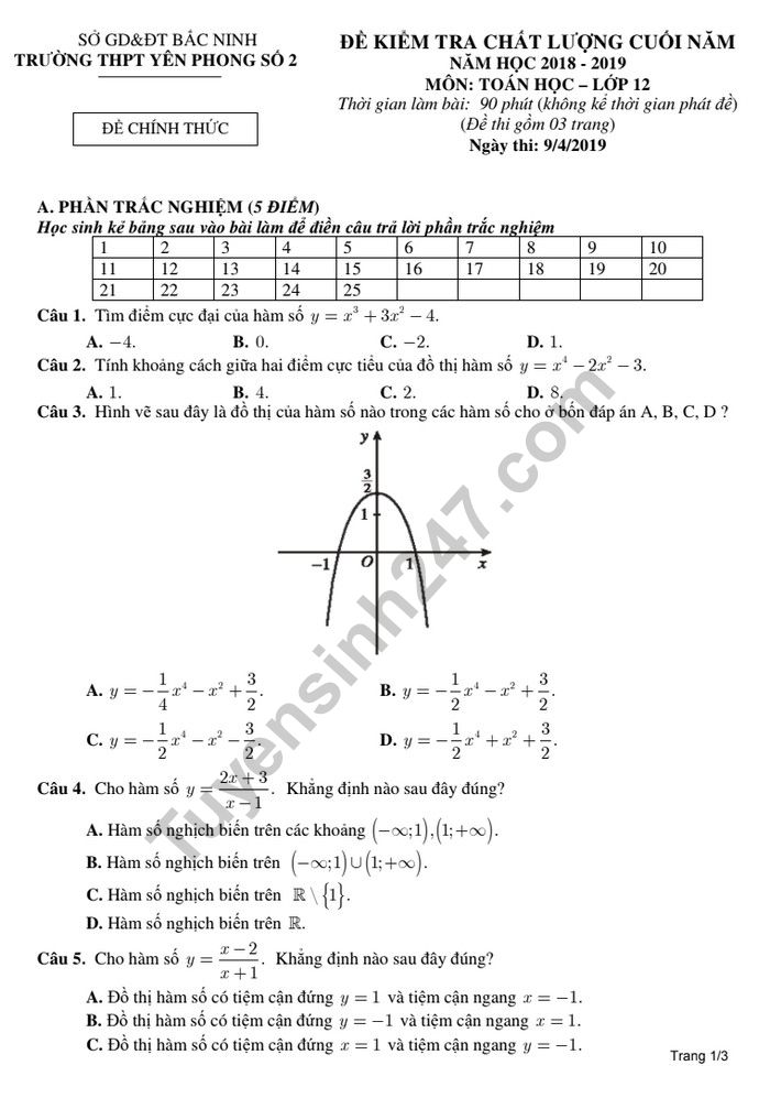 De kiem tra hoc ki 2 mon Toan lop 12 - THPT Yen Phong 2 nam 2019